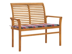 Vidaxl Banco De Jardim C/ Almofadão Xadrez Vermelho 112cm Teca Maciça