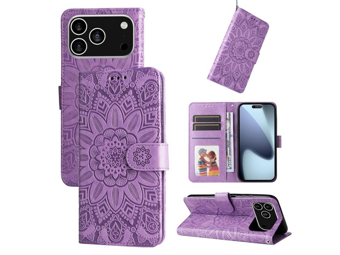 Capa De Couro Para Iphone 17 Pro - Estampa De Girassol Em Relevo
