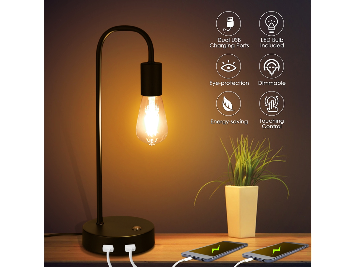2026 lâmpada de Mesa Industrial Tomshine com 2 Portas Usb Regulável Vintage para Quarto Sala de Estar (lâmpada Incluída)