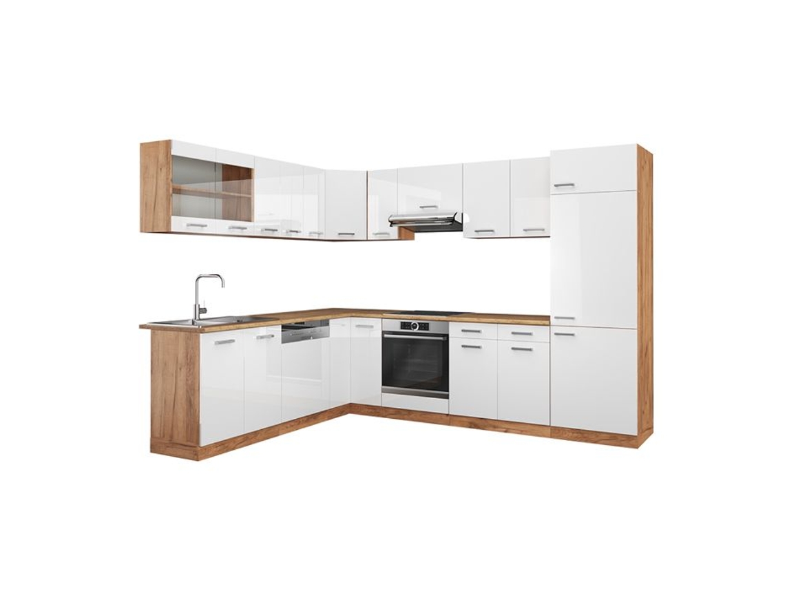 Cozinha de canto R-Line, 227 x 287 cm, carvalho PT, branco brilhante/carvalho dourado, Vicco
