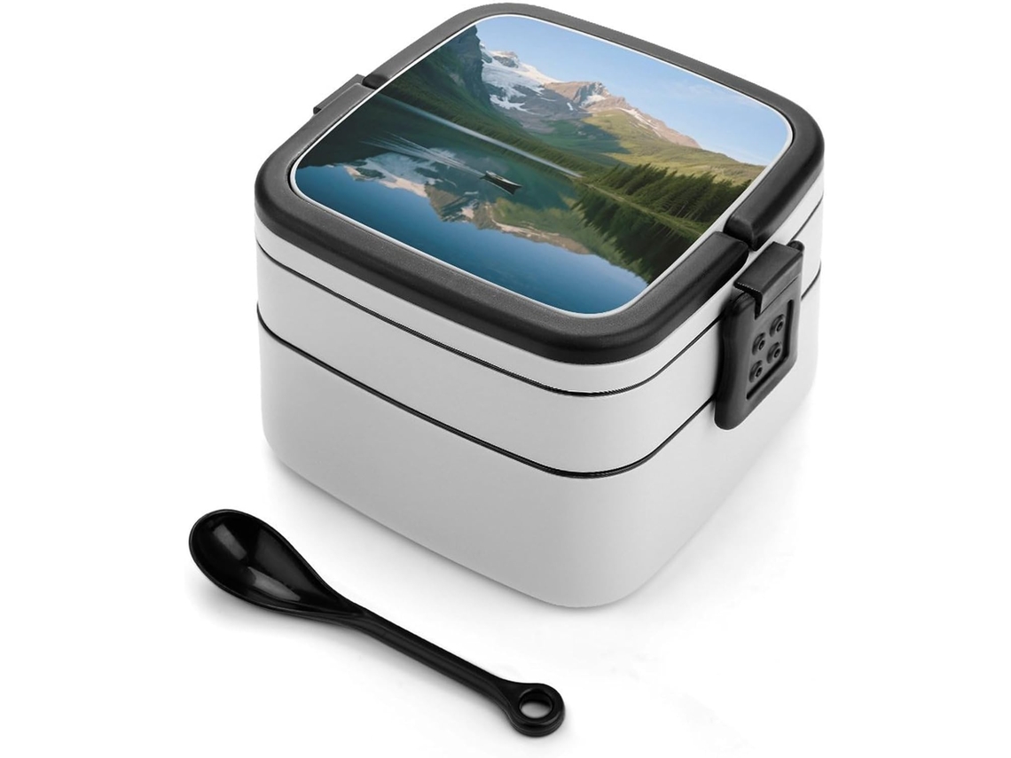 Lancheira Bento De Camada Dupla Com Estampa Lagos E Montanhas Para Adultos, Com Colher E Alça, À Prova De Vazamentos