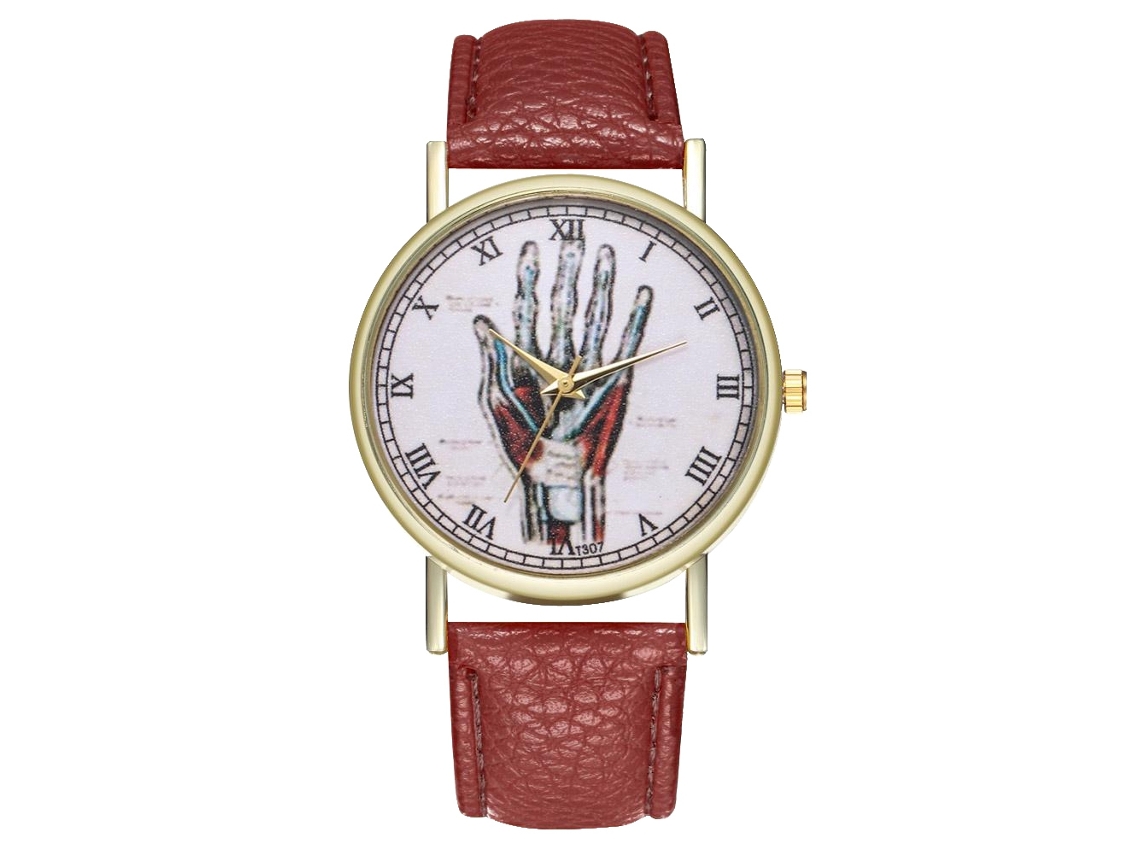 Relógio de quartzo unissex casual com pulseira redonda de couro PU e mostrador marrom.