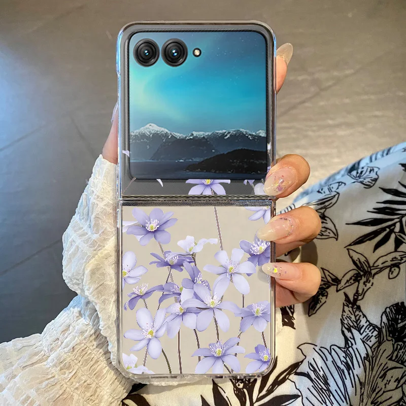 (a708) Capa Dobrável Transparente Com Estampa Floral Para Razr 70 Ultra, Em Policarbonato Rígido À Prova De Choque.