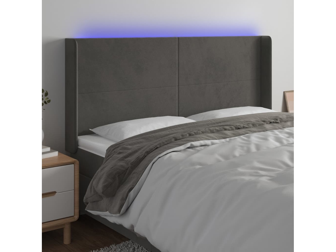 Vidaxl Cabeceira De Cama C/ Led Veludo 203x16x118/128 Cm Cinza-escuro
