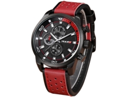 Relógio masculino Nary, caixa em liga metálica, resistente à água, pulseira em couro PU, vermelho e preto com detalhe olho de gato.