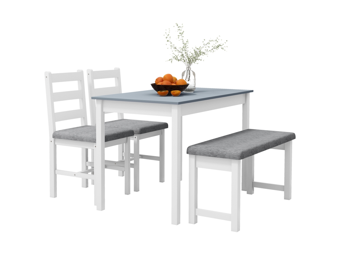 Conjunto De Jantar Com 4 Peças, Incluindo Mesa, Banco E 2 Cadeiras, Nas Cores Cinza E Branco.