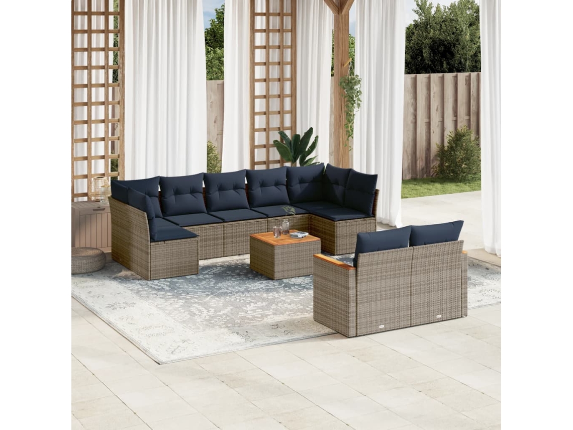 Conjunto de Sofá de Jardim com 9 Peças e Almofadas em Rattan Sintético Cinza VIDAXL