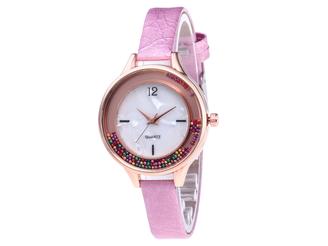 Relógio Feminino de Quartzo com Pulseira Pu Slim e Esfera Redonda Rosa Zhoulianfa