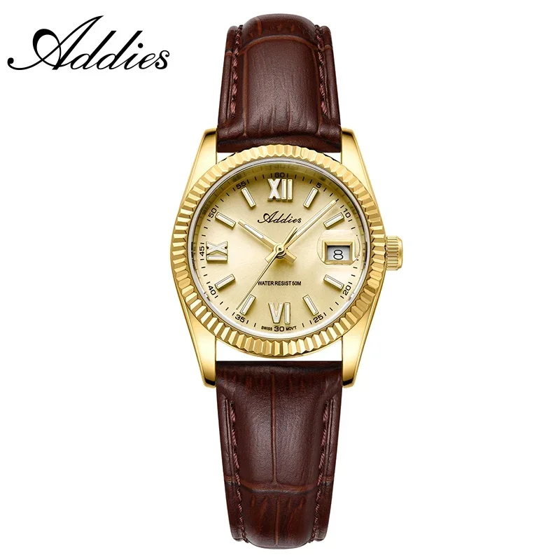 (dourado/couro) Relógio Feminino De Quartzo 28mm Com Cristal De Safira E Ponteiros Luminosos, Resistência À Água De 50m