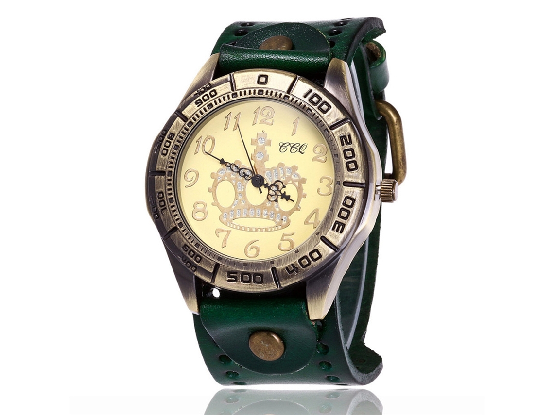 Reloj De Pulsera De Cuarzo Unisex Ccq Grande Dial Bronce Con Correa Pu Verde