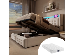 Cama Box 160x200 Cm Com Cabeceira Em Led E Usb, Estrutura Em Metal E Madeira, Suporta Até 300 Kg, Bege, Algodão (inclui Colchão)