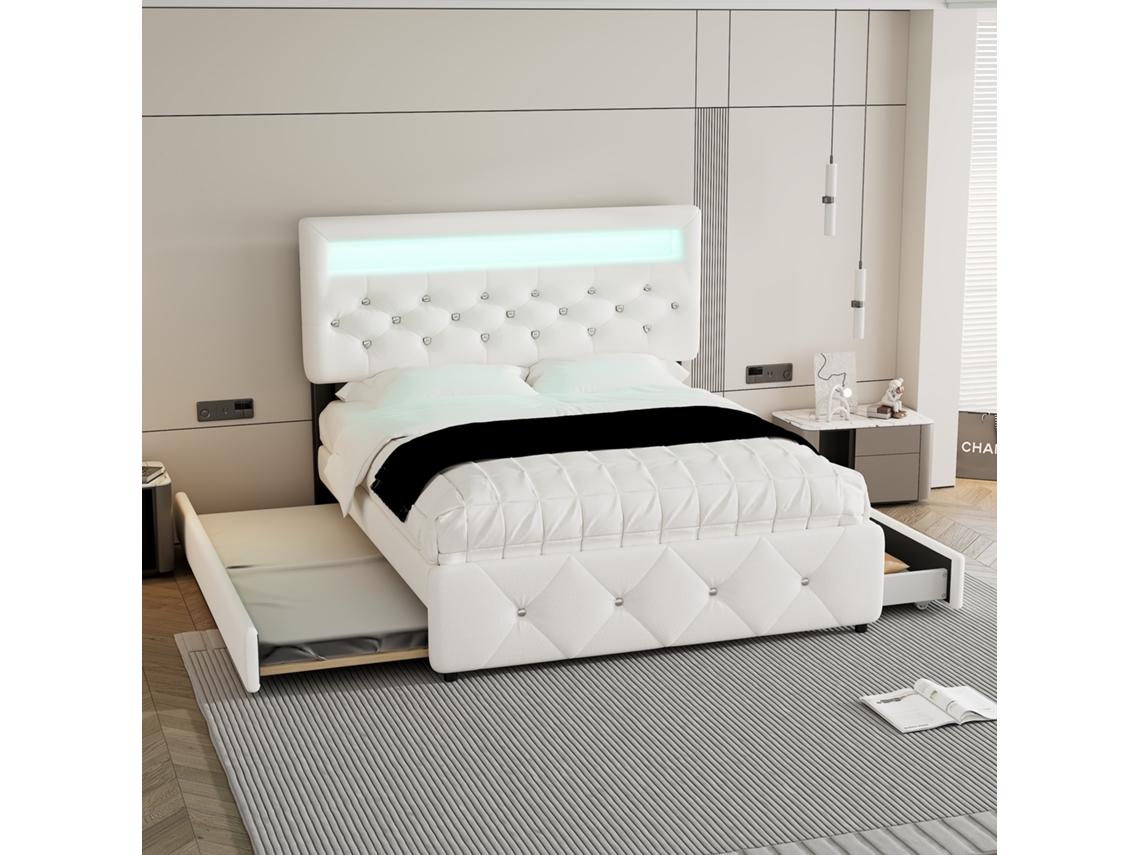 Cama Casal Branca 140x200cm Estofada, Retrátil 90x190cm, 2 Gavetas, Criado-mudo C/ Luz. -op