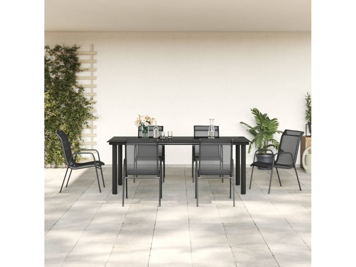 Conjunto 7 Pcs De Jantar Para Jardim Aço E Textilene Preto Dkd Home Decor
