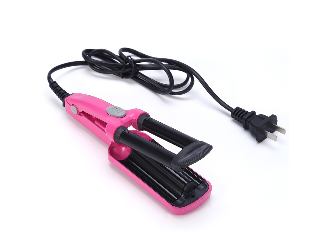 Mini modelador de cachos elétrico 2026 com três cilindros, ferramenta de modelagem, rosa e vermelho.