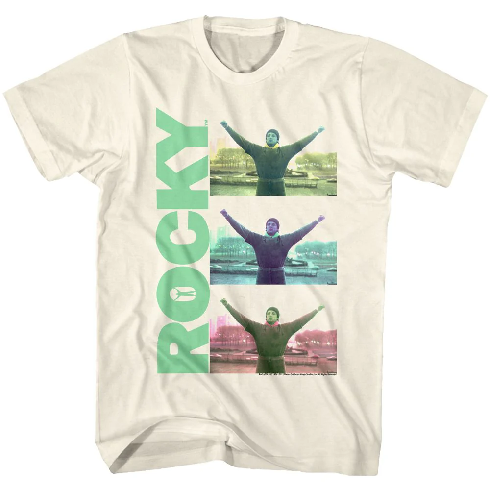 Unisex Adult T-shirt Rockinstone Rocky Movie Triple Victory Solid Natural Sizexxl
