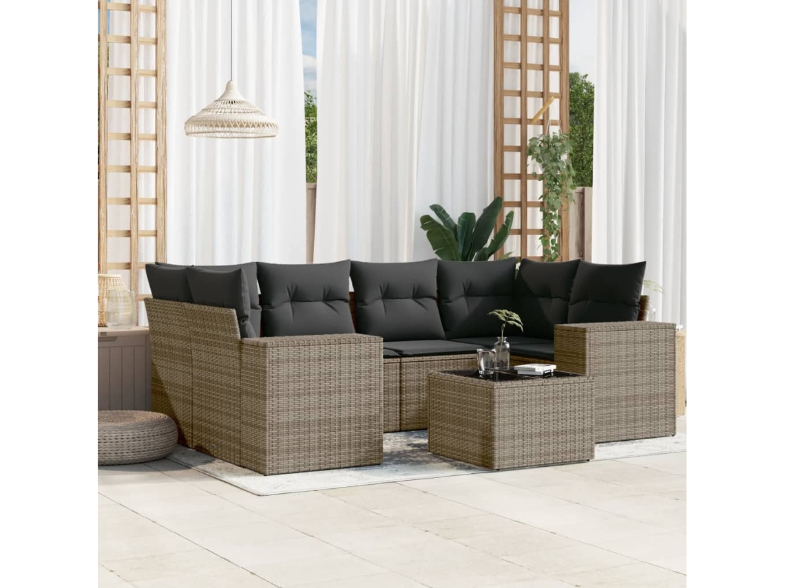 Vidaxl 7 Pcs Conjunto Sofás P/ Jardim C/ Almofadões Vime Pe Cinzento