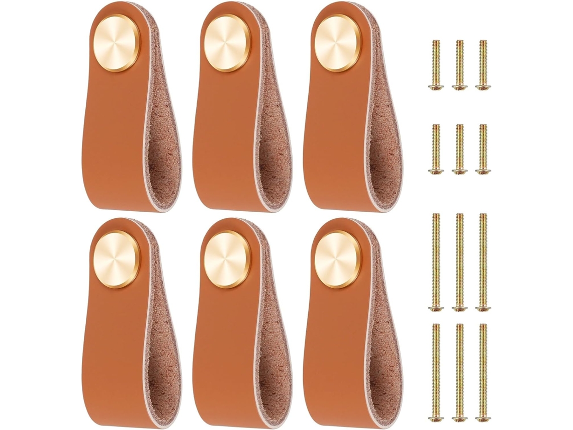 Puxadores De Gaveta Em Couro E Latão, Nas Cores Preto E Café Claro, 64x25x3 Mm, Pacote Com 6 Unidades Café Claro