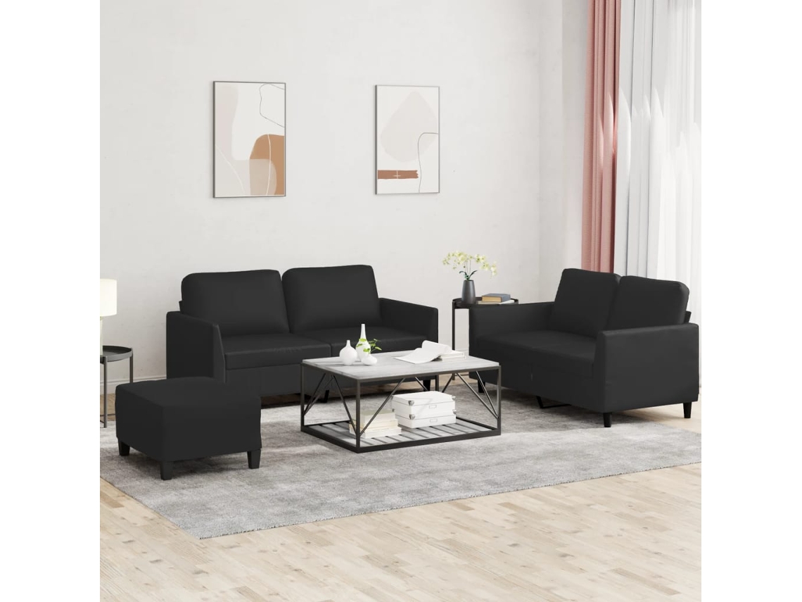 Vidaxl 3 Pcs Conjunto De Sofás Com Almofadões Couro Artificial Preto
