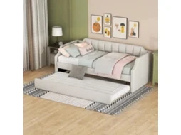 Cama De Dia Individual Acolchoada Bege 90x200(190) Com Caminha