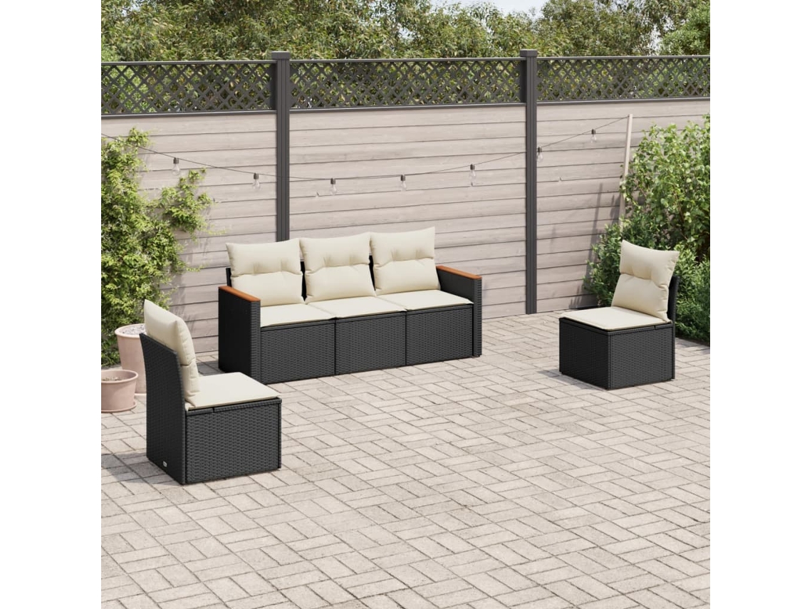 Vidaxl 5 Pcs Conjunto Sofás De Jardim Com Almofadões Vime Pe Preto