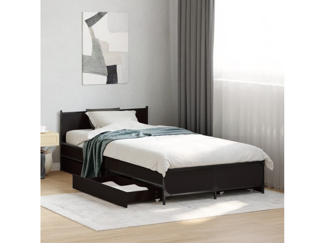 Vidaxl Estrutura Cama C/ Gavetas 75x190 Cm Derivados De Madeira Preto