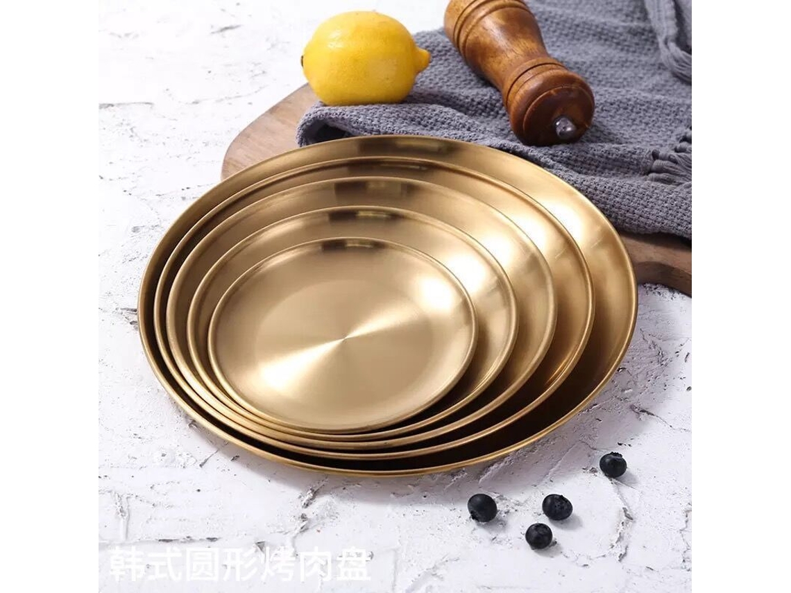 Prato redondo de metal Rebe de 14 cm (5,5 polegadas), aço inoxidável, próprio para lava-louças, livre de BPA, para assar carnes, cor dourada.
