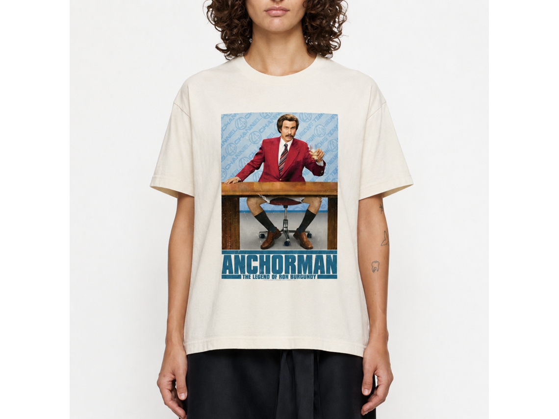Rockinstone Anchorman Movie Ron At Desk W/ Logo Solid Natural Adult T-shirt Size:xxl