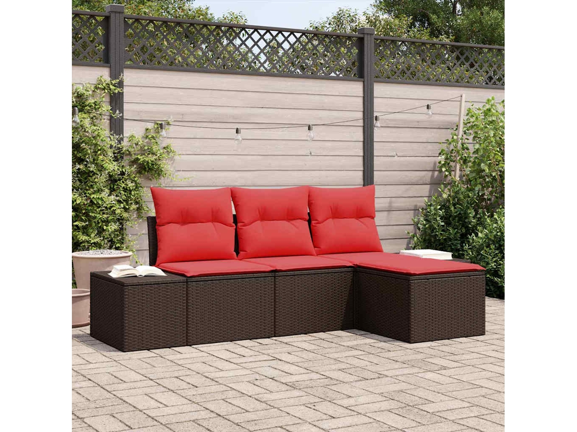 Vidaxl Conjunto De Sofá De Jardim 4 Unid. Marrom E Vermelho Vime Pe