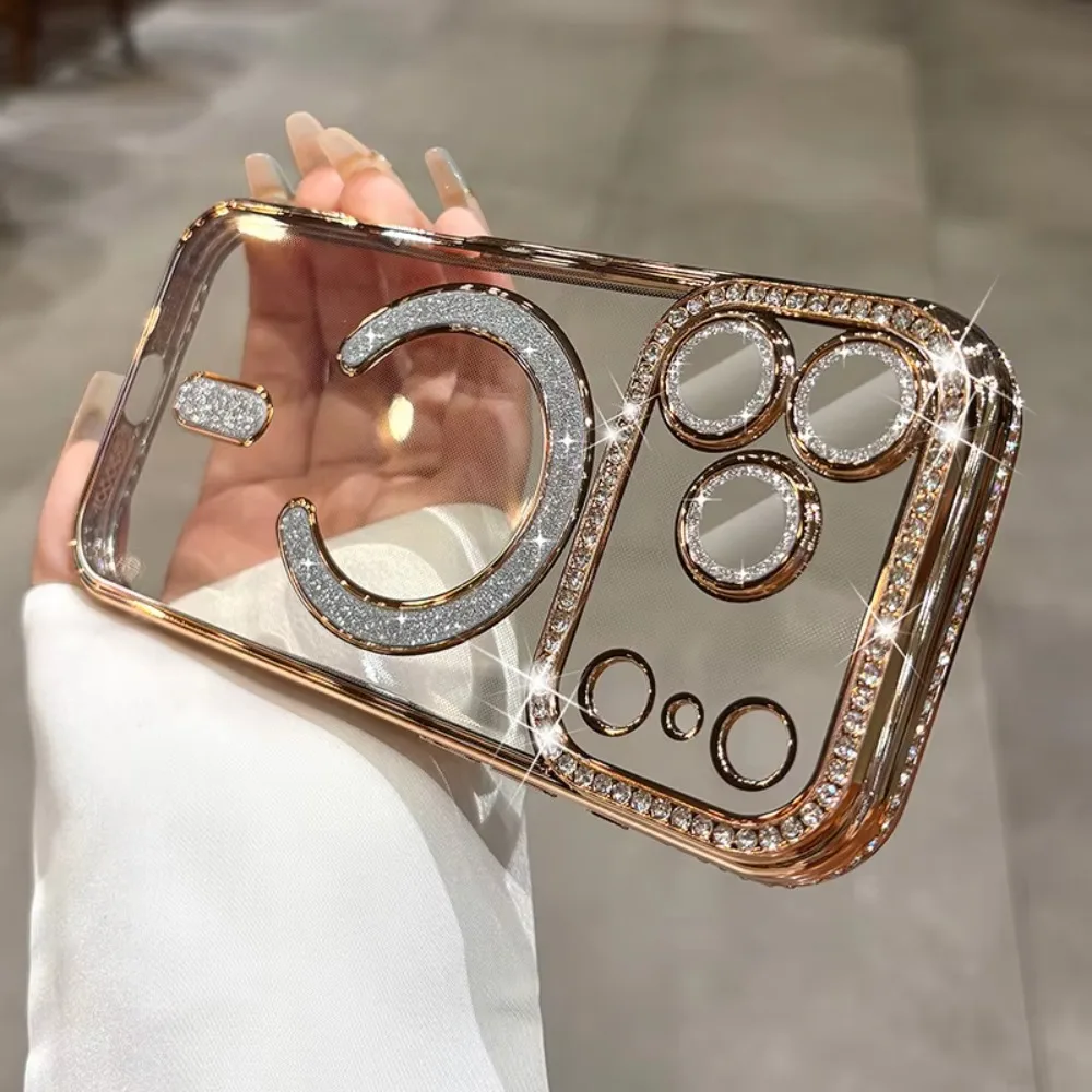 (iphone 17 Pro, Dourado) Capa Magnética Para Iphone, Capa Transparente E Macia Com Diamantes Brilhantes, Proteção Total Para A Câmera.