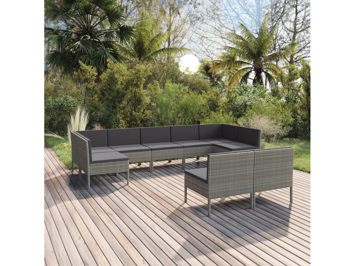 Conjunto 9 Peças Lounge De Jardim C/ Almofadões Vime Pe Cinza Dkd Home Decor