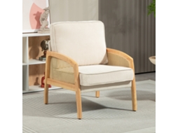 Poltrona para Escritório e Sala de Estar, Modelo Moderno, Cor Bege, com Braços em Vime e Base de Madeira