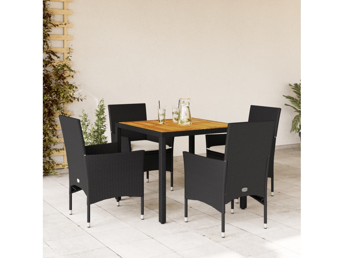 Conjunto 5 Peças Jantar Jardim C/ Almofadões Vime Pe/acácia Preto Dkd Home Decor