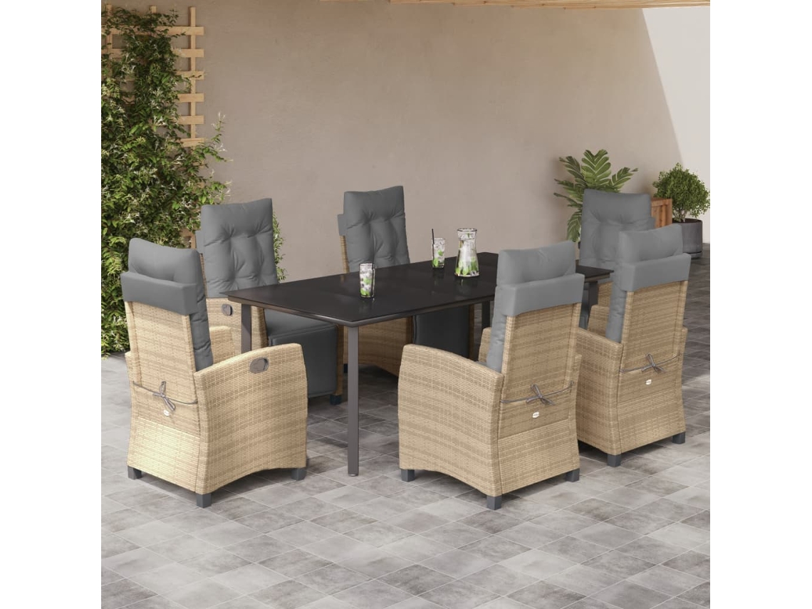 Vidaxl 7 Pcs Conj. Jantar Jardim C/ Almofadões Vime Pe Bege Misturado