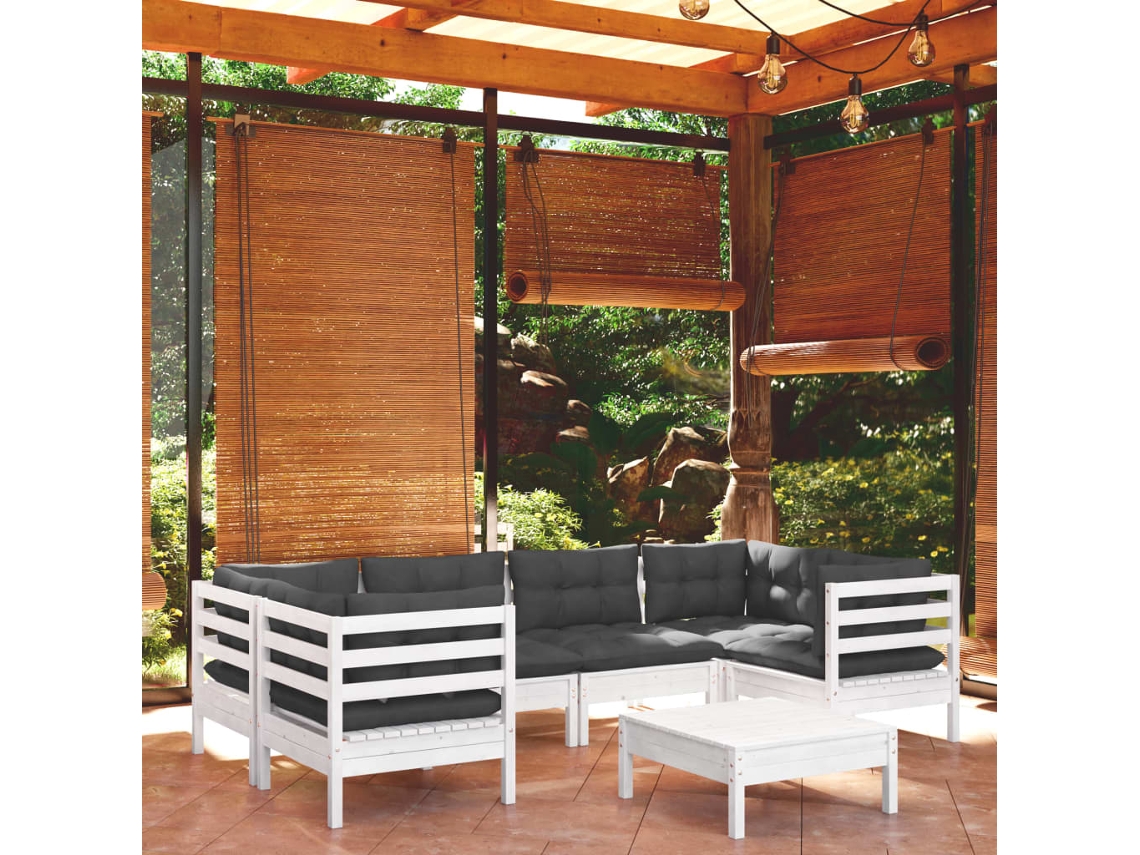 Conjunto Lounge Jardim 7 Peças C/ Almofadões Pinho Branco Dkd Home Decor