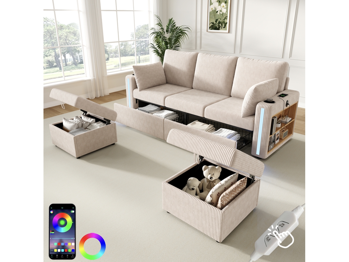 Sofá Modular U/l Com 2 Pufes Com Arrumação, Led, Usb-c, Porta-copos E Espaços De Arrumação, Bege