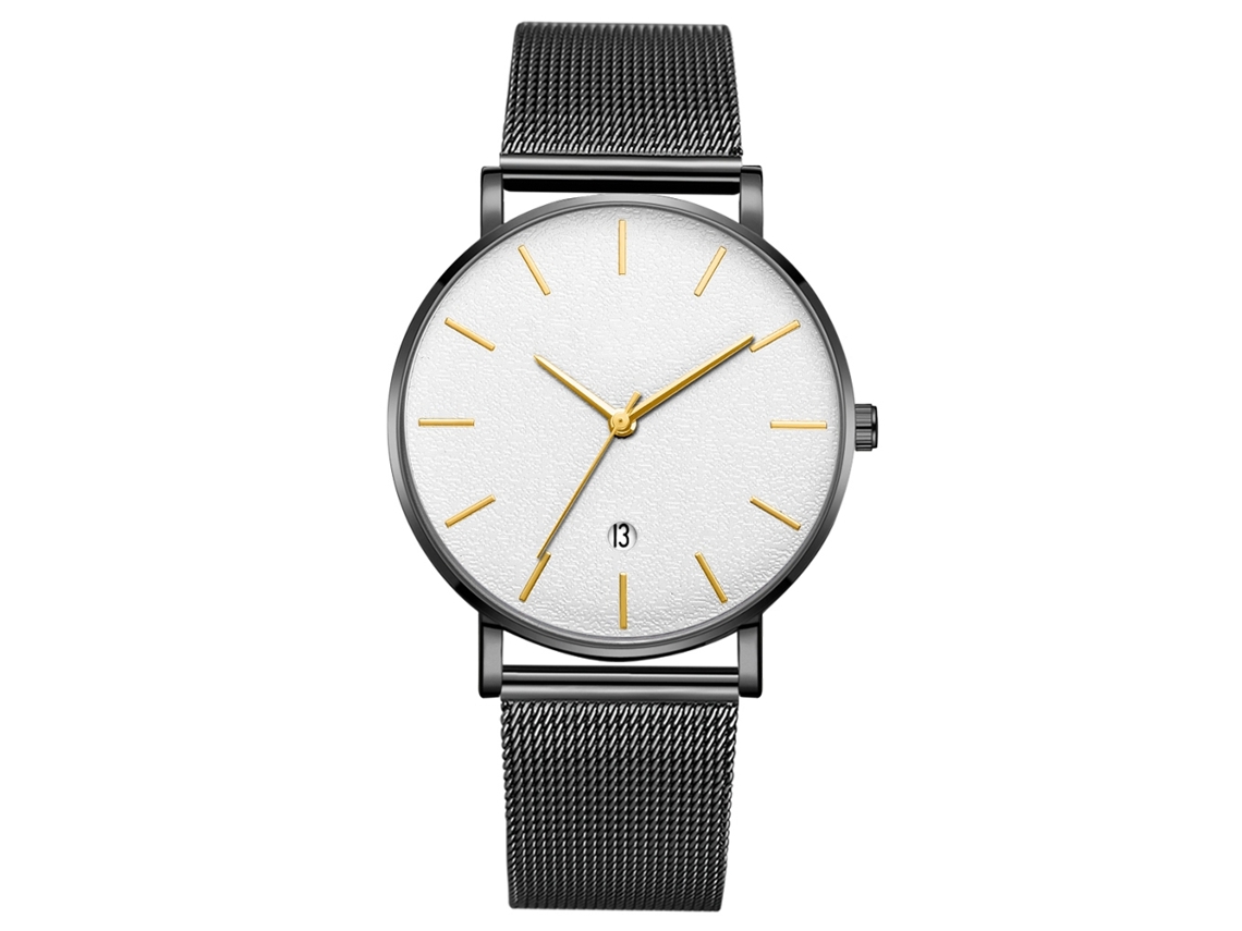 Relógio de pulso analógico de quartzo com mostrador redondo elegante (pulseira preta, caixa preta, vidro branco, ponteiros dourados)