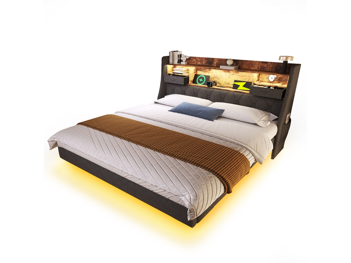Cama Estofada Flutuante 160x200 com Led, Usb e Arrumação PAPRIKA