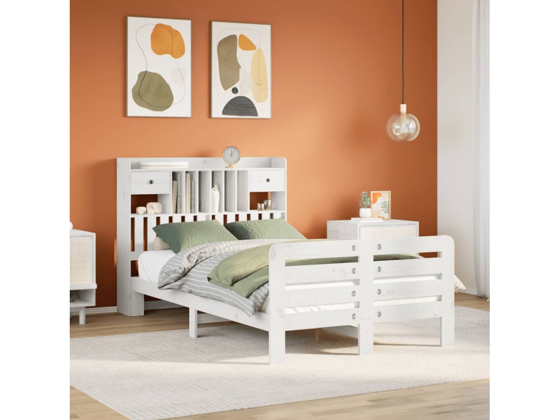 Vidaxl Cama Com Estante Sem Colchão 135x190 Cm Pinho Maciço Branco
