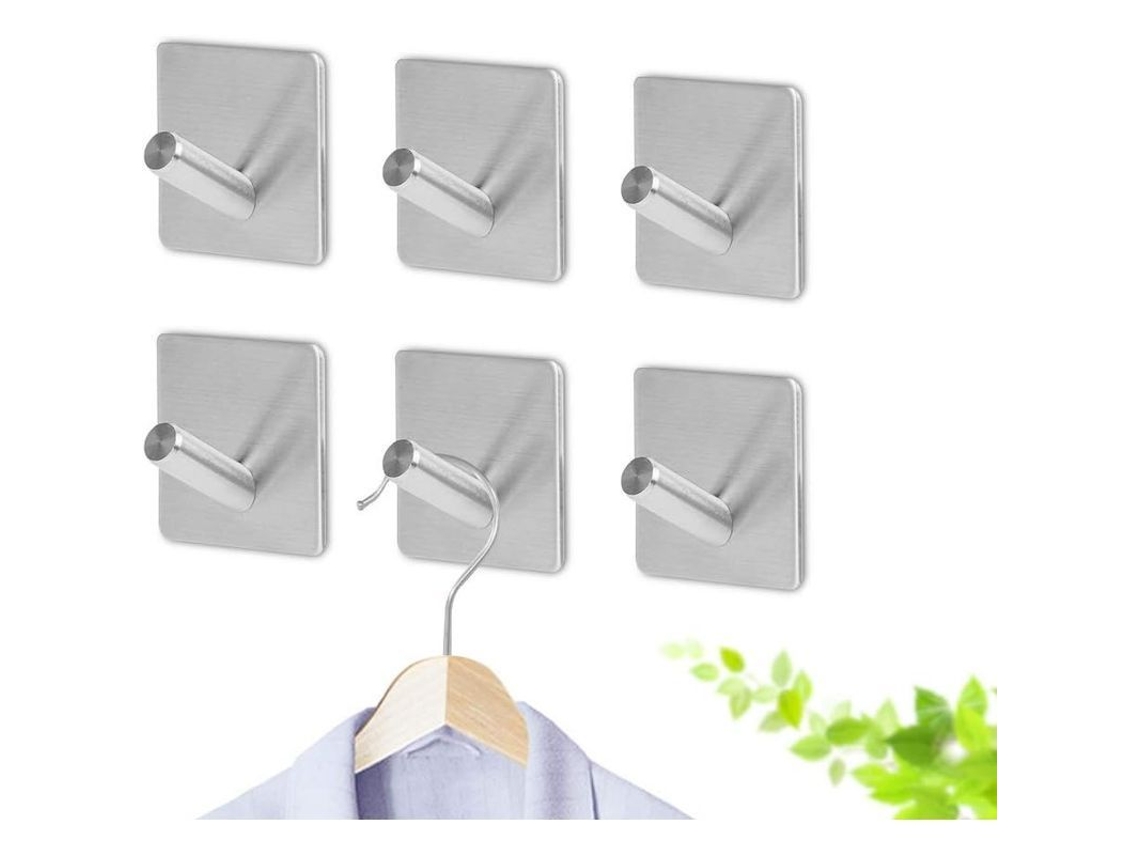 Conjunto de 6 ganchos autoadesivos em aço inoxidável 304 para banheiro, cozinha e organização de parede. Suporta até 7 kg (15 lbs).