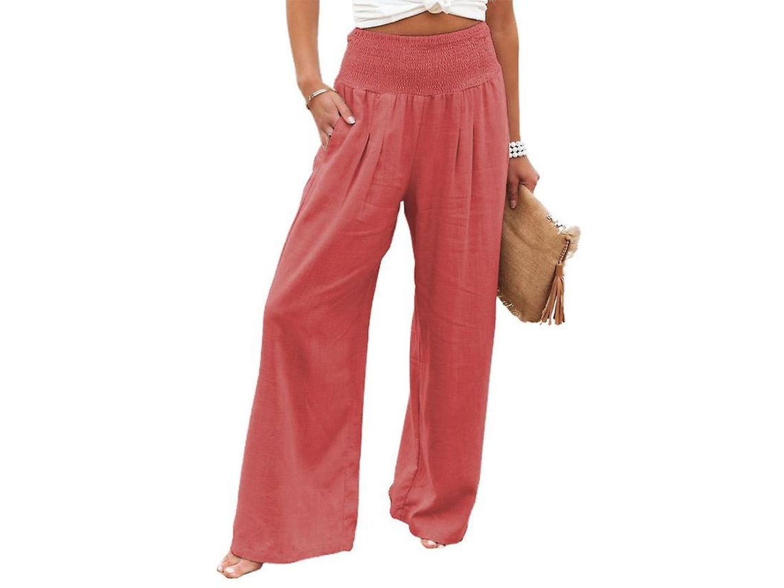 Calças Palazzo Feminino Verão Estilo Linho Cintura Alta Leggings Largos Baggy Yoga Vermelho Melancia
