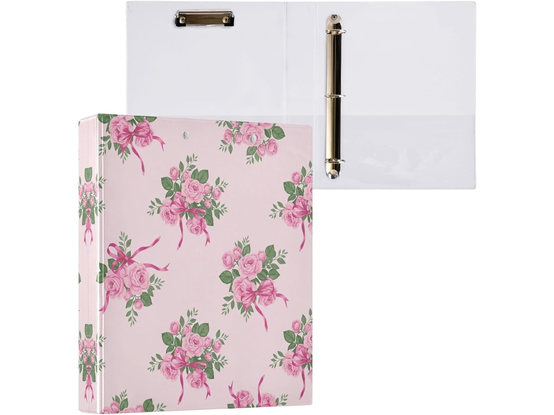 Pasta de 3 Argolas para Papel Tamanho Carta , Lindas Rosas, Organizador Redondo com Prancheta, (27,9 X 21,6 Cm)