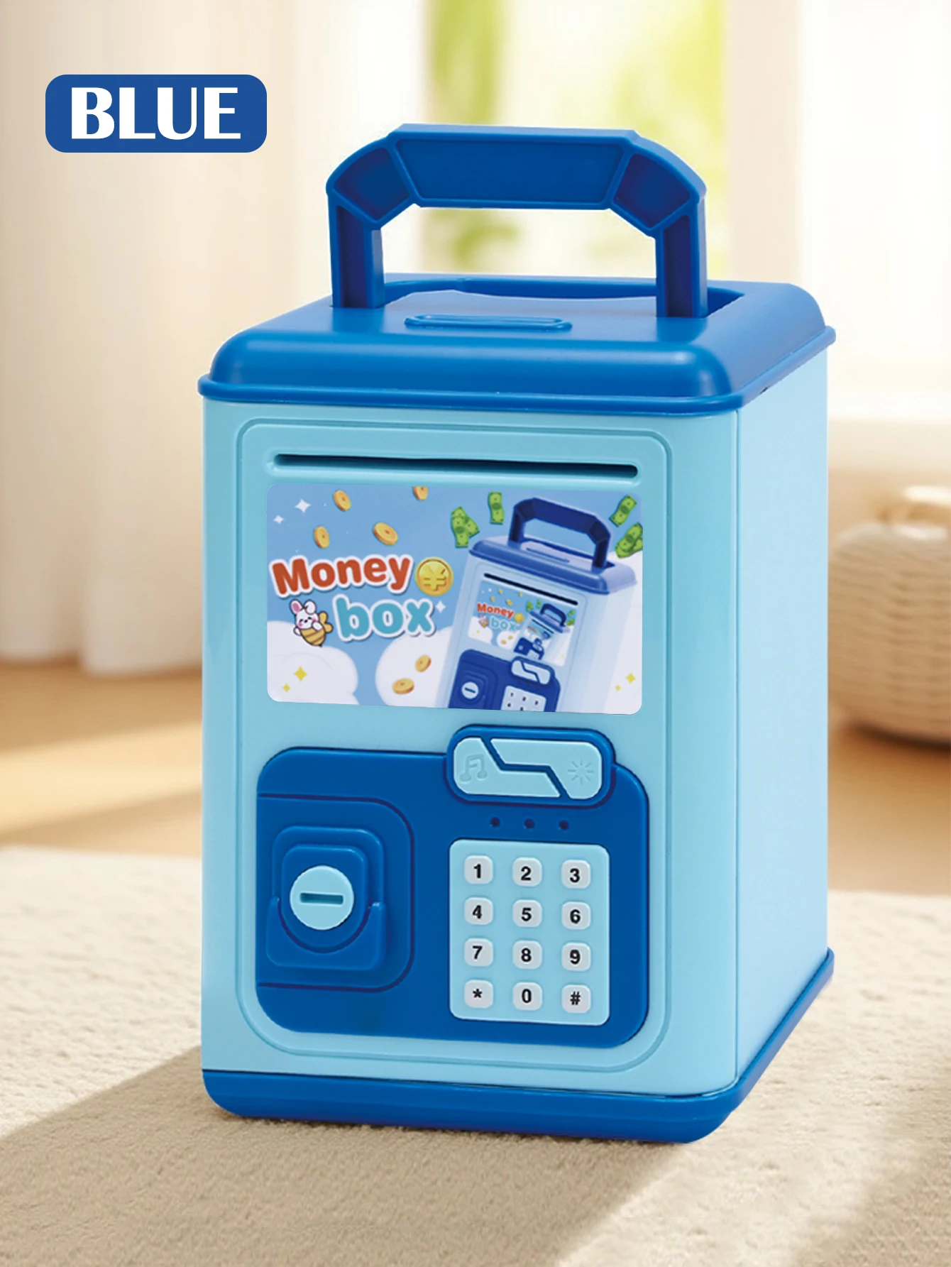 (azul) Cofrinho De Brinquedo Com Chave, Música E Luzes, Grande Capacidade, Pilhas Não Incluídas.