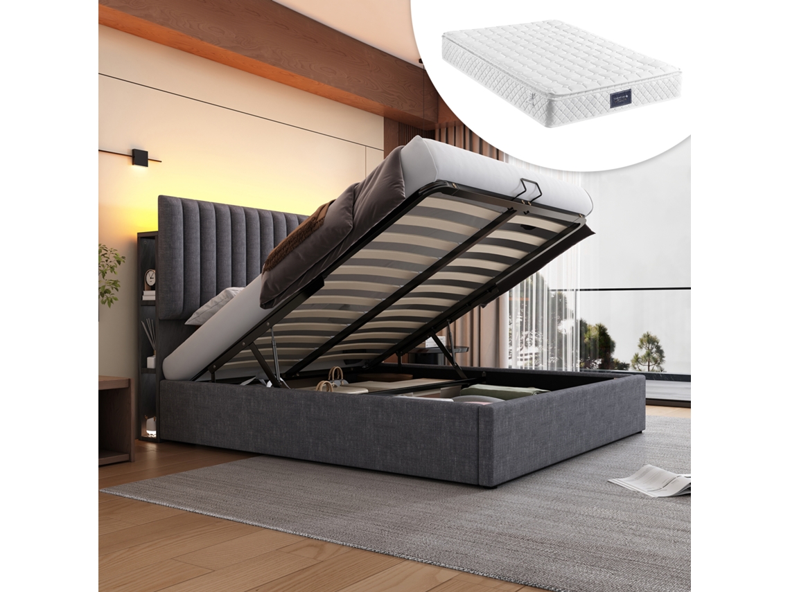Cama 160x200 C/ Led App Usb-c E Colchão Cinza