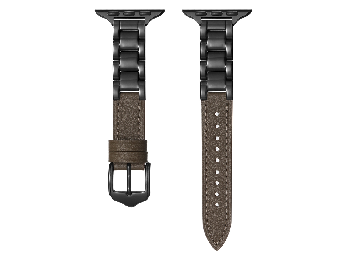 Pulseira de cerâmica e couro com Fivela Pino para Apple Watch 42 44 45 49mm S10 46mm, marrom + dourado