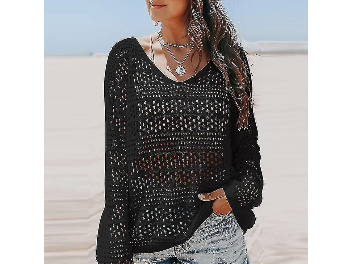 Fasst Chaqueta de Banho Mulher de Cor Sólido com Escote V e Encaje Crochet Praia