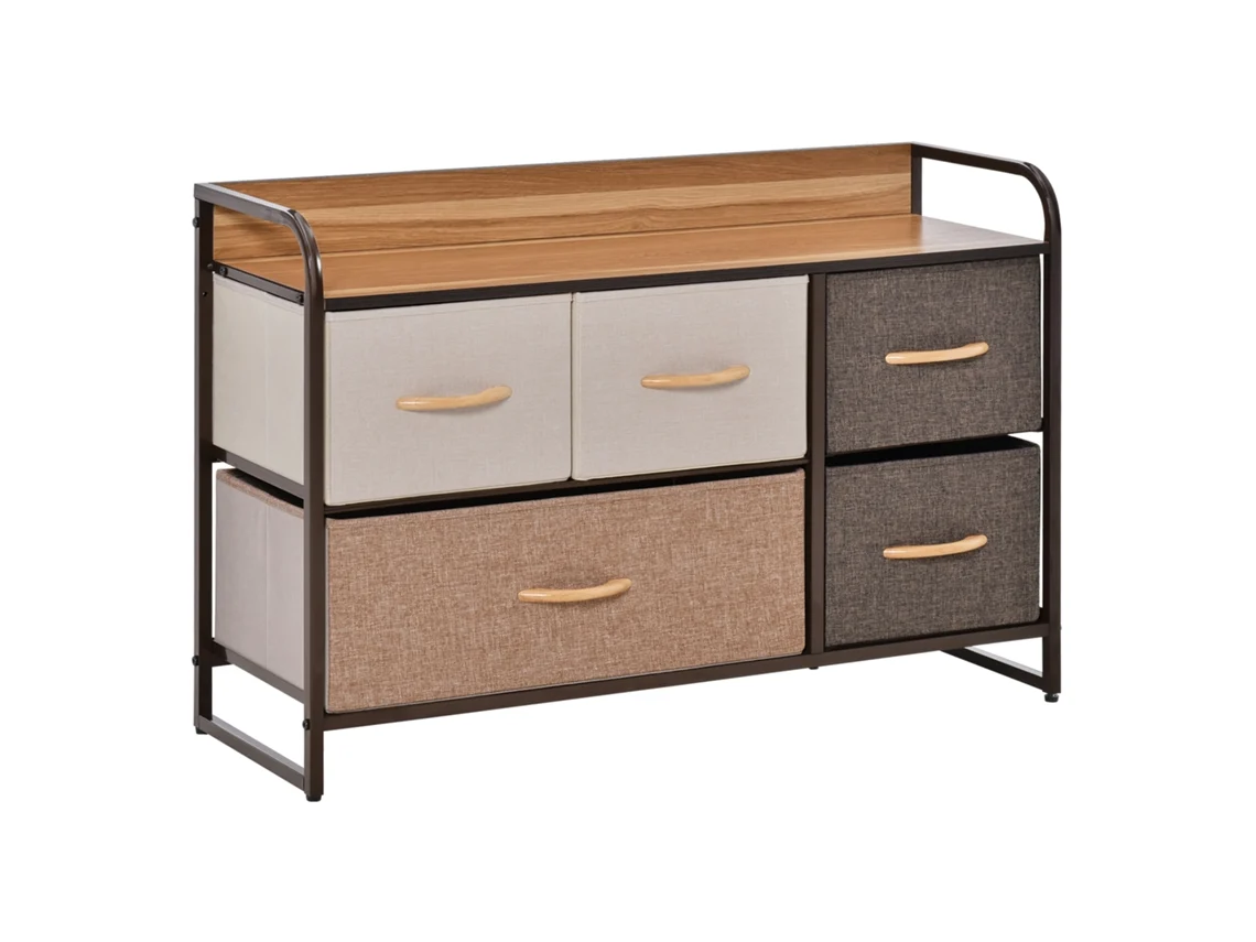 Cômoda com 5 Gavetas, Estofada em Tecido, 87,5 X 29 X 58 Cm, Marrom e Bege VISTA