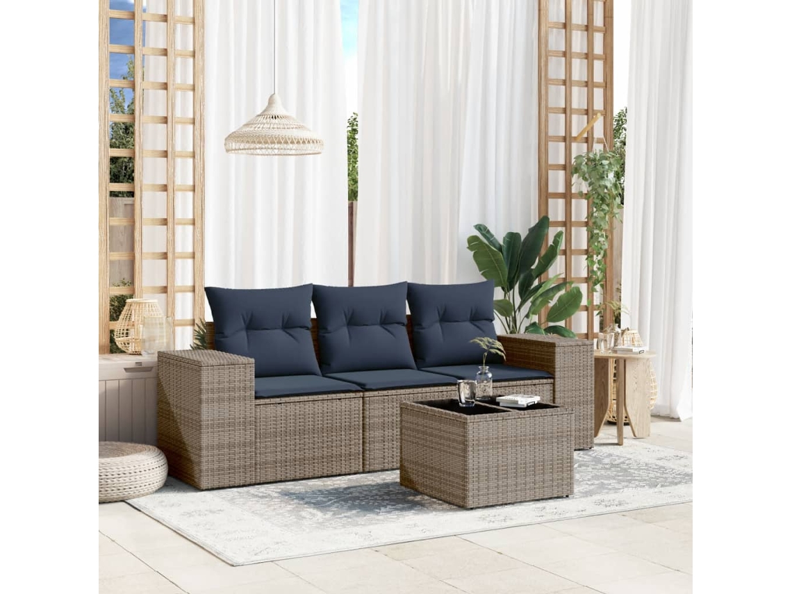 Vidaxl Conjunto De Sofá De Jardim Com 4 Peças E Almofadas Em Rattan Sintético Cinza