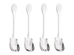 Conjunto de 4 peças de talheres em aço inoxidável com design de porco, incluindo garfos, colheres e sporks, para sobremesas, café e saladas (5,79 x 1,18 polegadas).