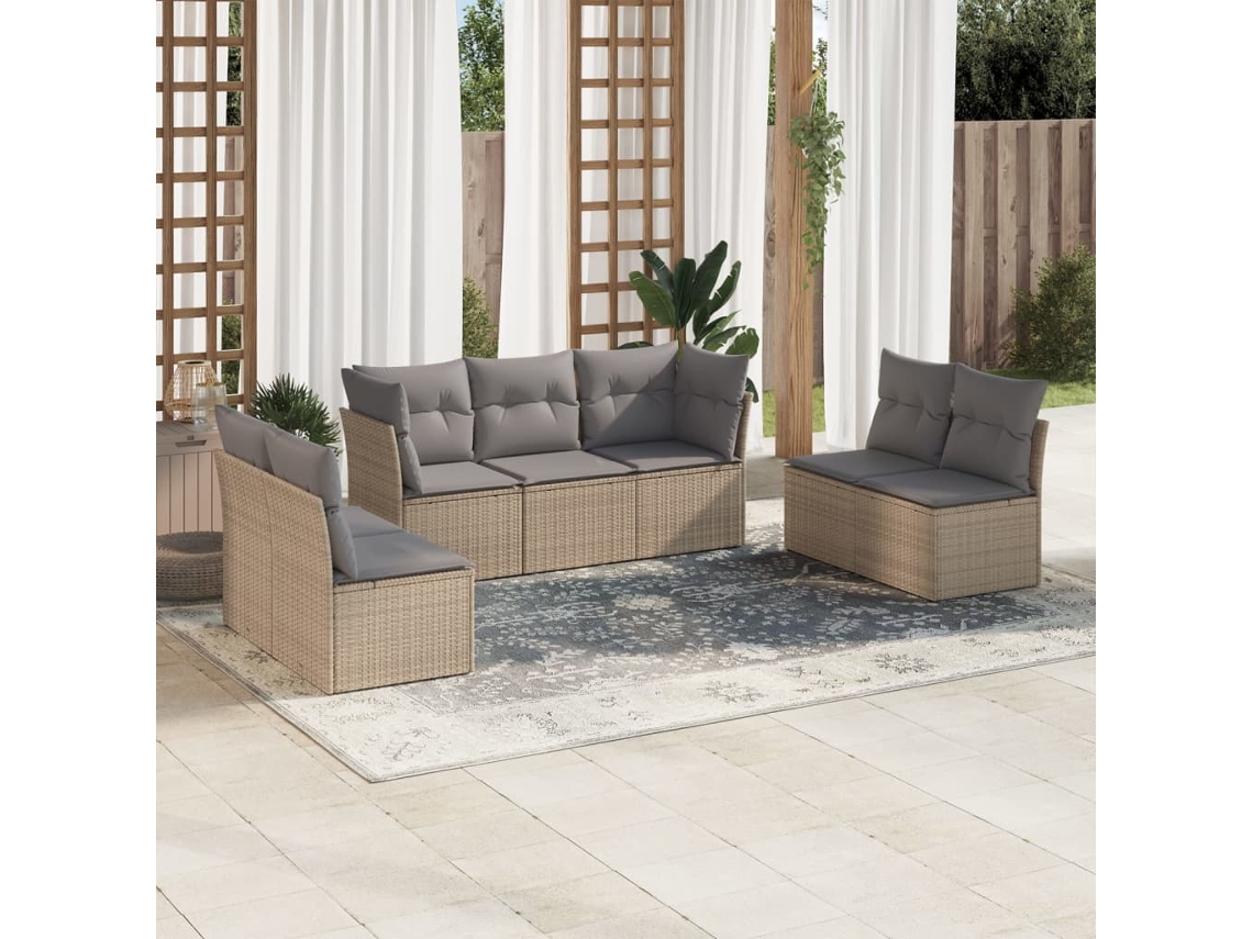 Vidaxl 7 Pcs Conjunto De Sofás P/ Jardim Com Almofadões Vime Pe Bege