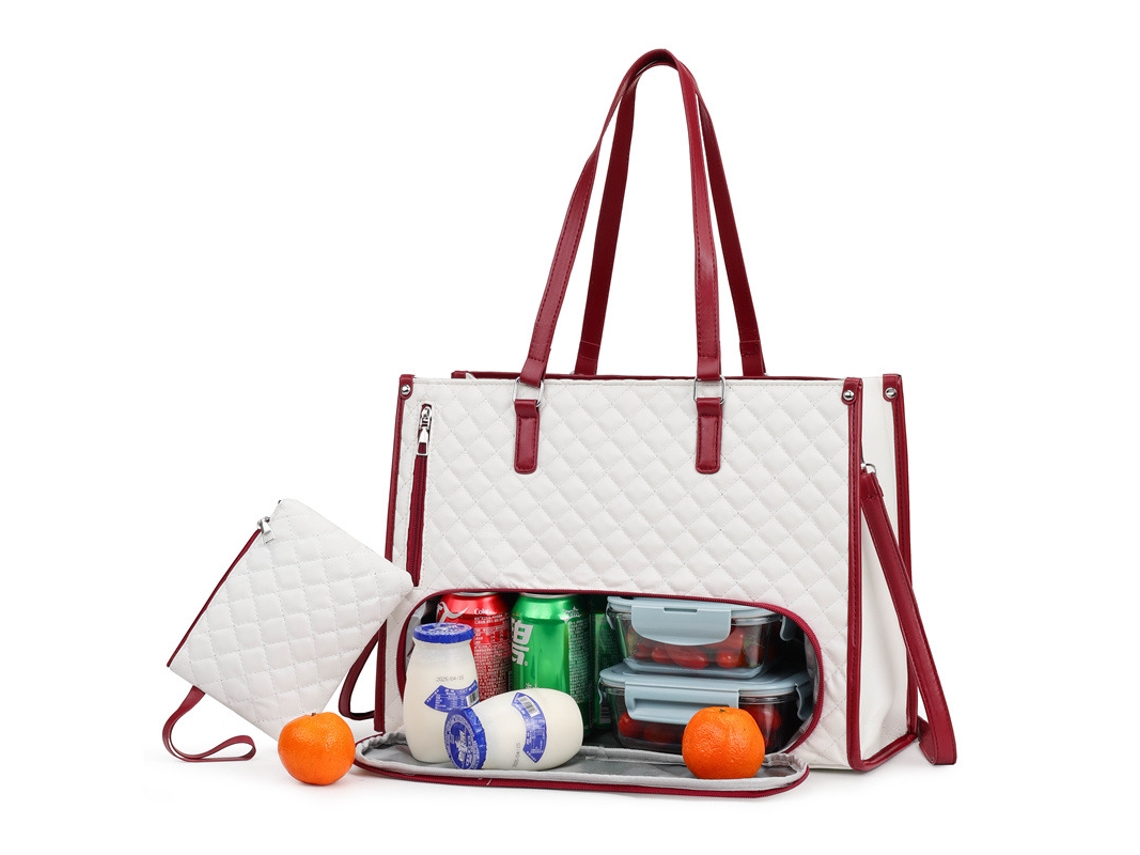 Sacola De Almoço Bolsa Tote Em Couro Pu De 15,6 Polegadas Com Compartimento Para Almoço Branco